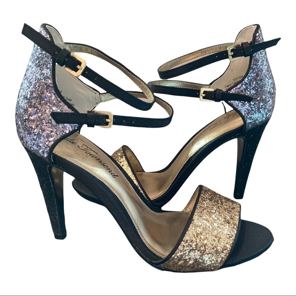 Lulu Townsend 7.5 sparkle glitter heels go.d silver black